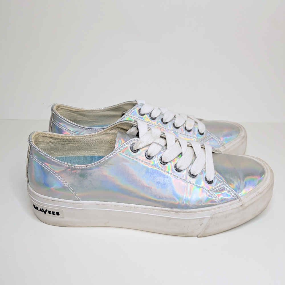 Silver Holographic Platform Sneakers Tennis Shoes SEAVEES women's 8.5 - Picture 2 of 8